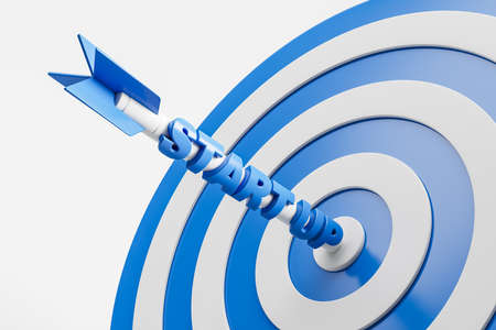 White arrow hit the center of a blue dartboard, white background. Concept of goal and success. Business startup and achievement, 3D renderingの写真素材