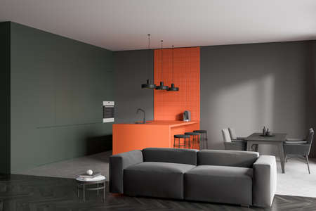 Corner view on dark studio room interior with sofa, coffee table, table with armchairs, concrete and hardwood floor, bar counter. Concept of minimalist design. Space for creative idea. 3d renderingの写真素材