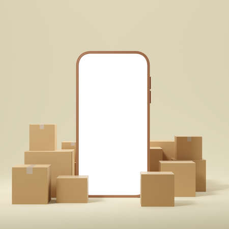 Smartphone and different cardboard boxes. Mobile app for shopping on beige background. Concept of...