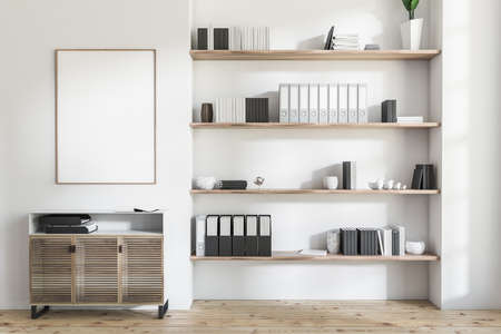 White room interior with commode and shelf with folders, vase, books and art decoration. Mock up frame on light wall, hardwood floor, 3D renderingの写真素材