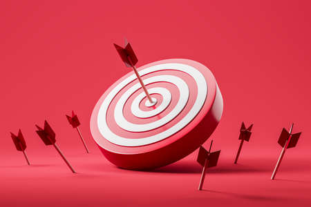 Arrows hit the center of a red dartboard, missing the target and achieving success. concept of solution. Business goal achievement, 3D renderingの写真素材