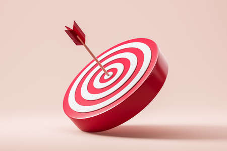 Wooden arrow hit the center of a red dartboard, pink background. Concept of goal and success. Business target achievement, 3D renderingの写真素材