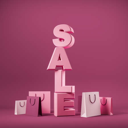 Sale letters and packages on the floor, pink background. Concept of black friday, discount. Buying and delivering goods from stores. 3D renderingの写真素材