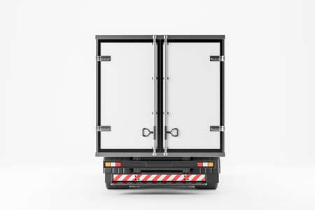 Back view of closed white truck, isolated over white background. Concept of shipment and delivery. Mock up copy space, 3D renderingの写真素材