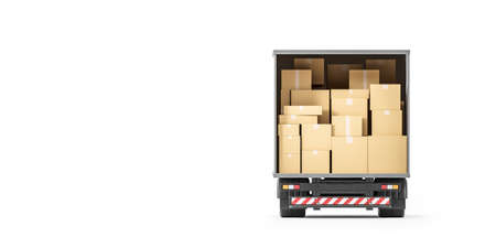 Back view of industrial truck full with cardboard boxes. white background. Concept of packaging and shipment. Free and fast delivery. Mock up copy space, 3D renderingの写真素材