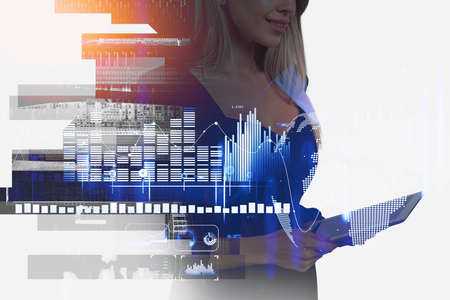 Office woman using electronic device, stock market bar chart and icons, earth sphere and silhouette...