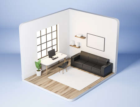 Isometric white workroom interior with sofa and pc desktop on table. Shelf with books and plant, side view, carpet and hardwood floor. Window and mock up canvas poster, 3D renderingの写真素材