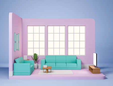 Purple relaxing interior with blue sofa, concrete floor, panoramic window. Plant and shelf with...