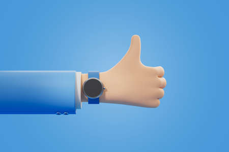 White cartoon hand with thumb up on blue background, smart watch. Concept of approve and like. Vote or rating design signs. 3D renderingの写真素材