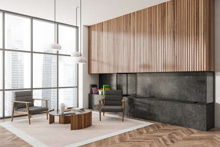 Bright living room interior with two armchairs, panoramic window with Singapore skyscrapers view,...