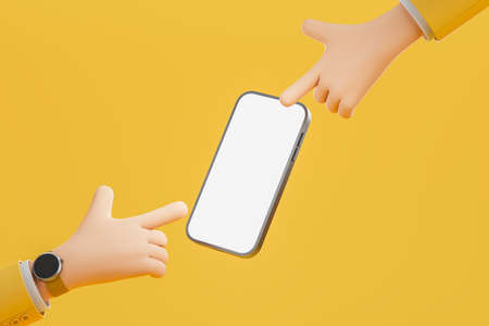 Cartoon character fingers point at smartphone with blank display. Mock up copy space display on yellow background. 3D renderingの写真素材