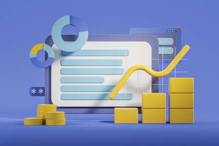 Device screen, pie chart with graphs and coins, stock market icons. Concept of digital marketing and...