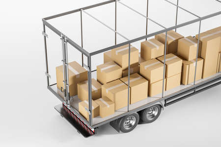 Truck with many different cardboard boxes, side view. shipping company. Concept of wholesale and...