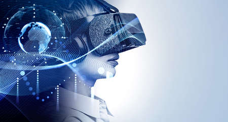 Businesswoman in white shirt is wearing vr helmet. Digital interface with virtual international...