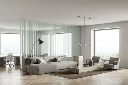 White office interior with sofa and armchair with coffee table, carpet on hardwood floor. Business...
