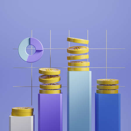 Financial graphs, gold coins on bar chart, blue background. Concept of income and financial...