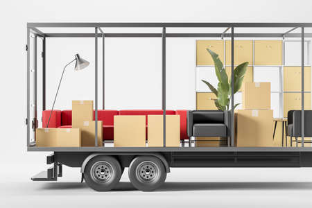 Truck with sofa, armchair and cardboard boxes, side view. shipping company. Concept of moving house and delivery. 3D renderingの写真素材