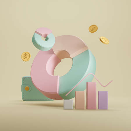 Pie chart with wallet and graphs, colorful stock market icons. Concept of financial data and statistics. 3D renderingの写真素材