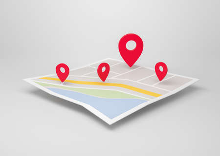 Four red location markers on city map, gray background. Folded road navigation map, 3D rendering