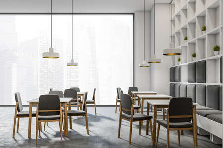 Side view on bright cafe interior with tables with chairs, panoramic window, white wall and concrete...