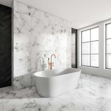 Corner view on bright bathroom interior with bathtub, panoramic windows, marble white walls and floor. Concept of hygienic and spa procedures for health. 3d renderingの写真素材