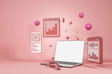 Laptop with stock market widget and icons on pink background. Concept of business network and...