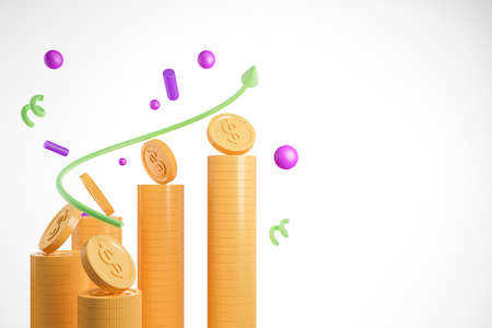 Stack of gold coins and growing arrow. Concept of income and financial strategy. Mock up copy space,...