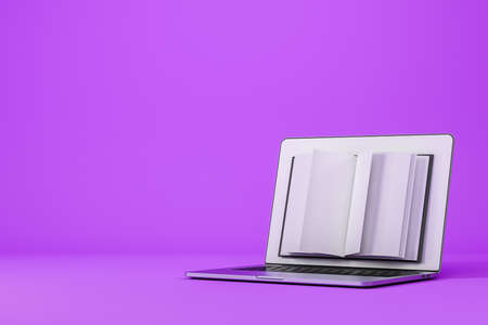 Digital library and laptop on purple background, books pages opened. Concept of education,...