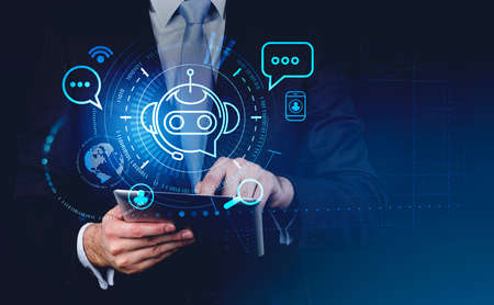 Businessman working with tablet, finger touch hologram of voice chat. Bot icon and social network...