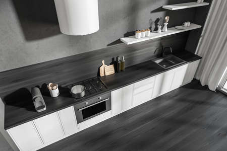 Top view on dark kitchen room interior with panoramic window, wooden floor, curtain, gas cooker,...