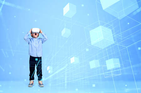 Child in formal suit is wearing vr helmet. Geometric figures and line connections in the foreground....