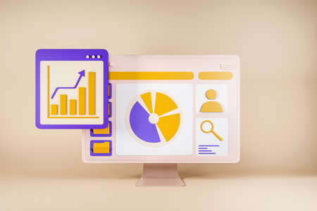 Pc desktop screen with graphs on gray background. Pie chart with stock market icons. Concept of...