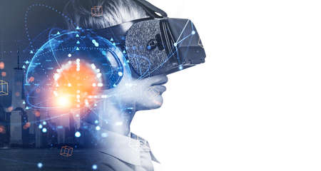 Businesswoman portrait in vr glasses and New York cityscape. Metaverse, earth globe digital hologram...