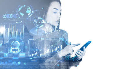 Businesswoman finger touch smartphone, New York city view and stock market graphs, numbers and...