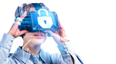 Businesswoman using vr glasses. Digital cybersecurity and binary. padlock with network connection....