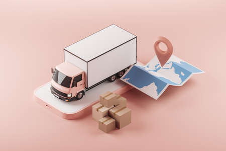 Delivery van and smartphone, worldwide map with location pin. Truck and cardboard boxes, top view. import and export. Concept of tracking and mobile app. 3D renderingの写真素材
