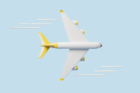 White airplane flying on blue background, abstract clouds. Concept of tourism and safe traveling. 3D renderingの写真素材