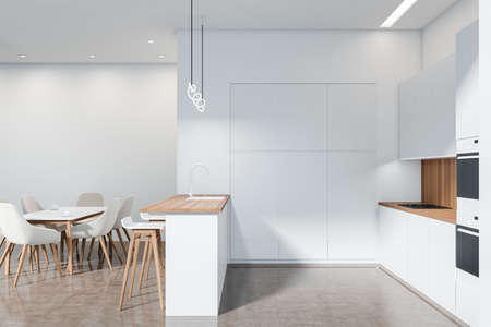 Side view on bright kitchen room interior with double oven, concrete floor, gas cooker, sink,...