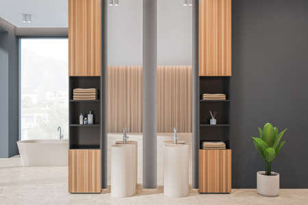 Dark bathroom interior with bathtub, panoramic window with town view, two mirrors and sinks, gray walls and concrete floor. Concept of hygienic and procedures for health. 3d renderingの写真素材