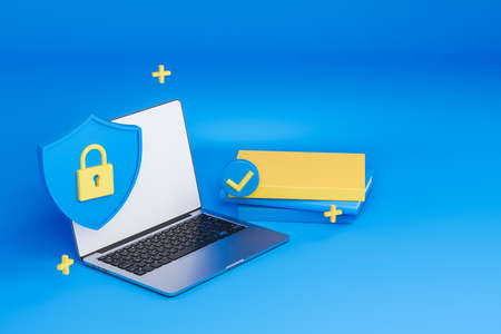 Laptop screen with shield and lock. Notebook with verification symbol, cloud service. Security and...