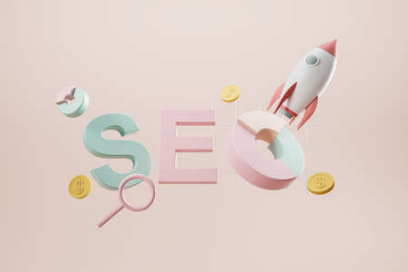 SEO, search engine optimization icon. dollar coin floating. Concept of business startup launch. Rocket and pie chart on pink background, business analytics. 3D renderingの写真素材