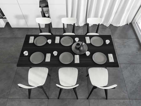 Top view of dining room interior with chairs and table with cutlery, shelf with decoration. Curtains and window, gray tiled floor. 3D renderingの写真素材