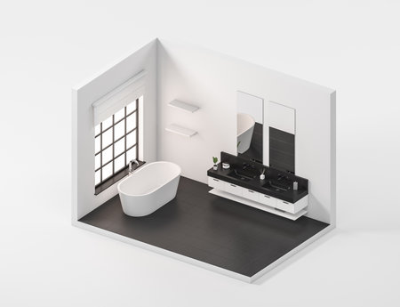 Isometric white and black bathroom interior with tub on tiled floor, sink with mirror and shelf with accessories. panoramic window. Top view, 3D renderingの写真素材