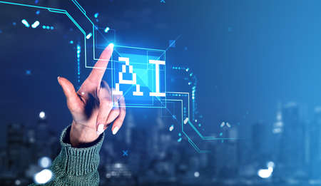 Businesswoman wearing casual wearing is touching artificial intelligence with her hand. Digital interface with line connection and hologram on city skyscrapers background. Concept of modern technologyの写真素材