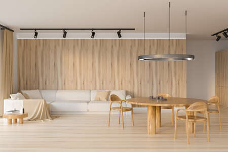 Dark living room interior with sofa and chairs with round table, brown concrete floor. Coffee table with decoration, modern lounge zone, 3D renderingの写真素材