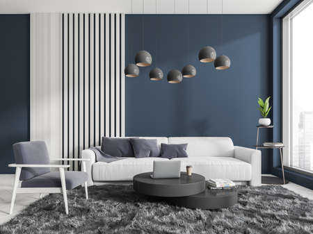 Blue relax place interior with sofa and armchair, coffee table and laptop, stand with plant on...