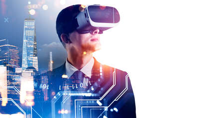 Businessman in vr googles headset, cyberspace with binary and digital circuit, New York cityscape at...
