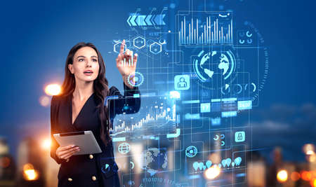 Businesswoman finger touch digital hud screen with forex business graphs, numbers and binary. Earth hologram with lines. Concept of financial analysisの写真素材