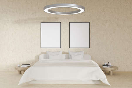 White bedroom interior, bed with white lines and two pillows, nightstands with books and decoration,...