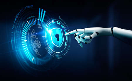 Robot finger touch lock icon with earth hologram. Cyberattack and data privacy, cybersecurity with...